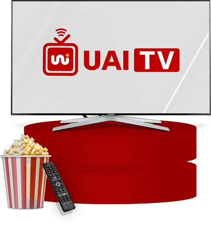 TV com a UAI TV no ar, controle remoto e pipoca